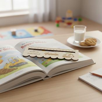 Personalisierbares Leselineal aus Holz als Geschenkidee in einer Schultüte platziert.